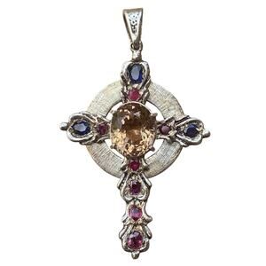 Handmade Cross Pendant Sterling, Citrine, Rubies & Sapphires Signed Made in Mex